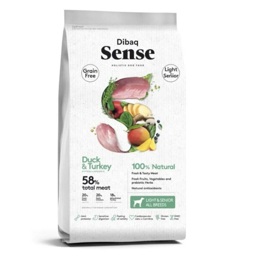 Dibaq Sense Free Light e Senior pato e peru ração para cães