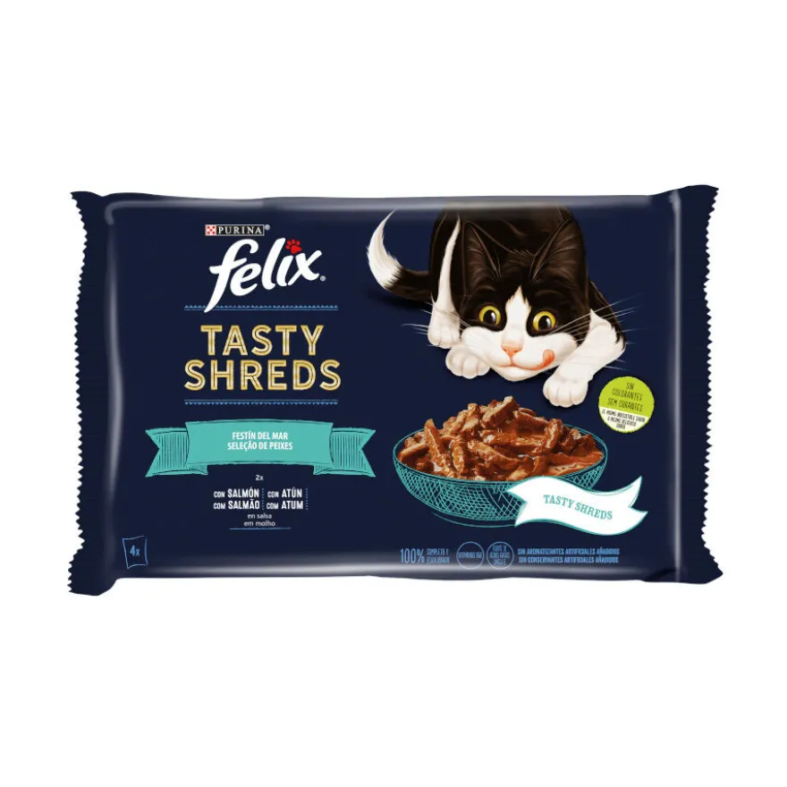 Felix Tasty Shreds Festa de Sabores do Mar Filetes em molho saquetas para gatos – Pack
