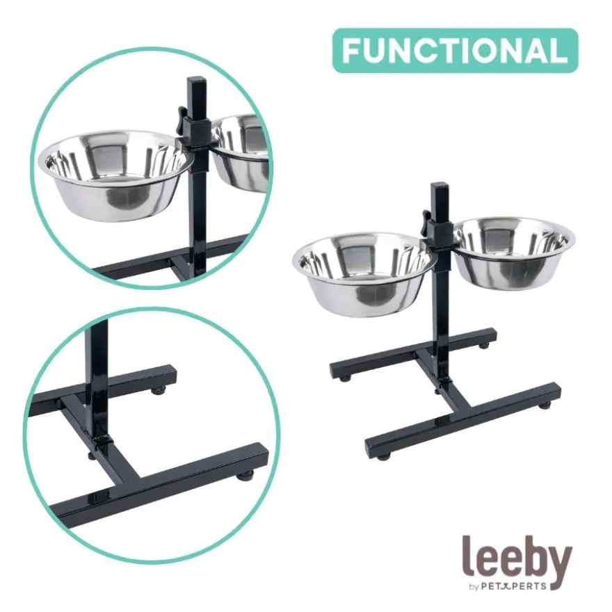 Leeby Comedouro Duplo Ajustável em Aço Inoxidável para cães