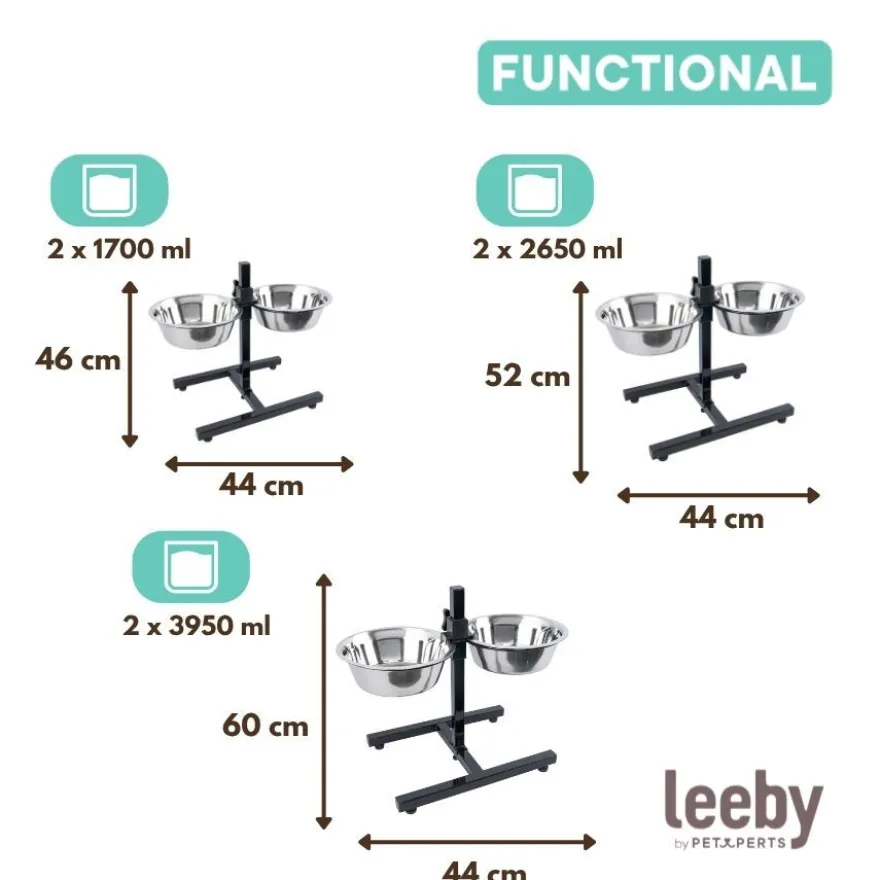 Leeby Comedouro Duplo Ajustável em Aço Inoxidável para cães