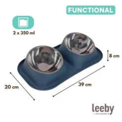 Leeby Comedouro Duplo de Metal Azul para cães
