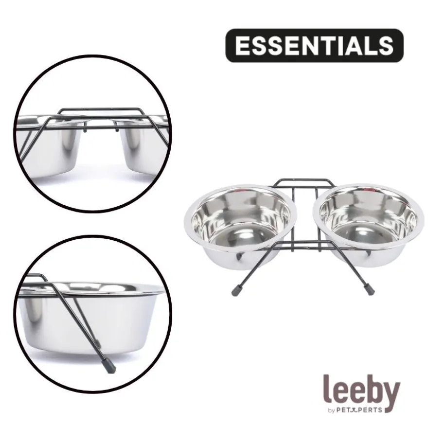 Leeby Comedouro Duplo em Aço Inoxidável com Suporte para cães e gatos