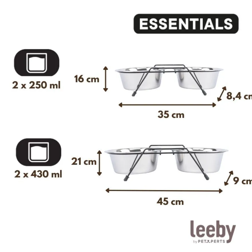 Leeby Comedouro Duplo em Aço Inoxidável com Suporte para cães e gatos