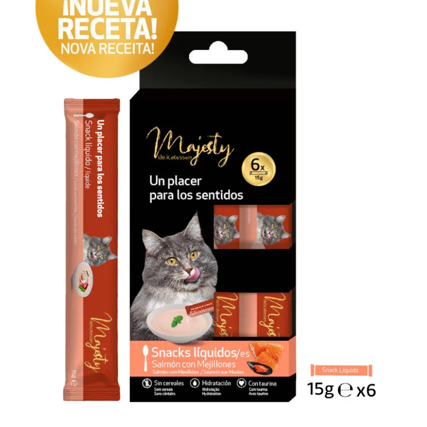 Majesty Snack Líquido de Salmão com Mexilhões para gatos