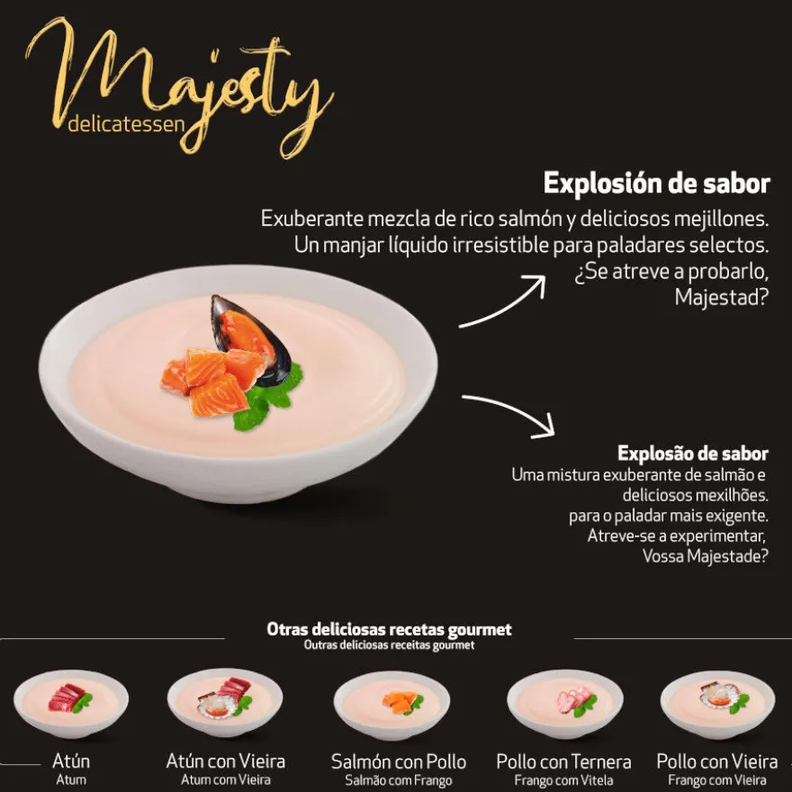 Majesty Snack Líquido de Salmão com Mexilhões para gatos
