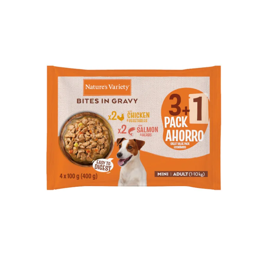 Nature's Variety Comida húmida de frango e salmão em saqueta em molho para cães adultos mini