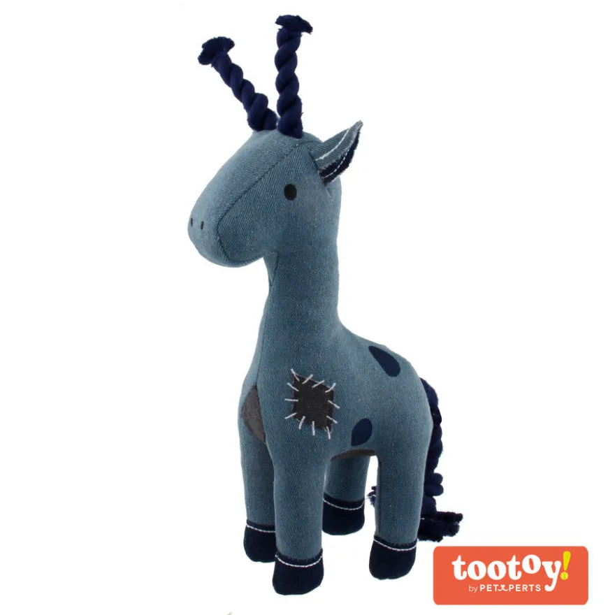 Tootoy! Comfort Denim Giraffe peluche com som e corda para cães