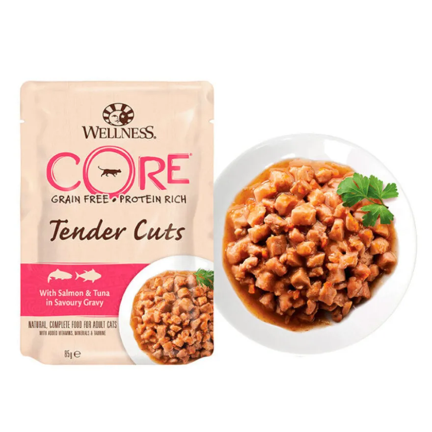 Wellness Core Tender Cuts salmão e atum em molho saquetas para gatos
