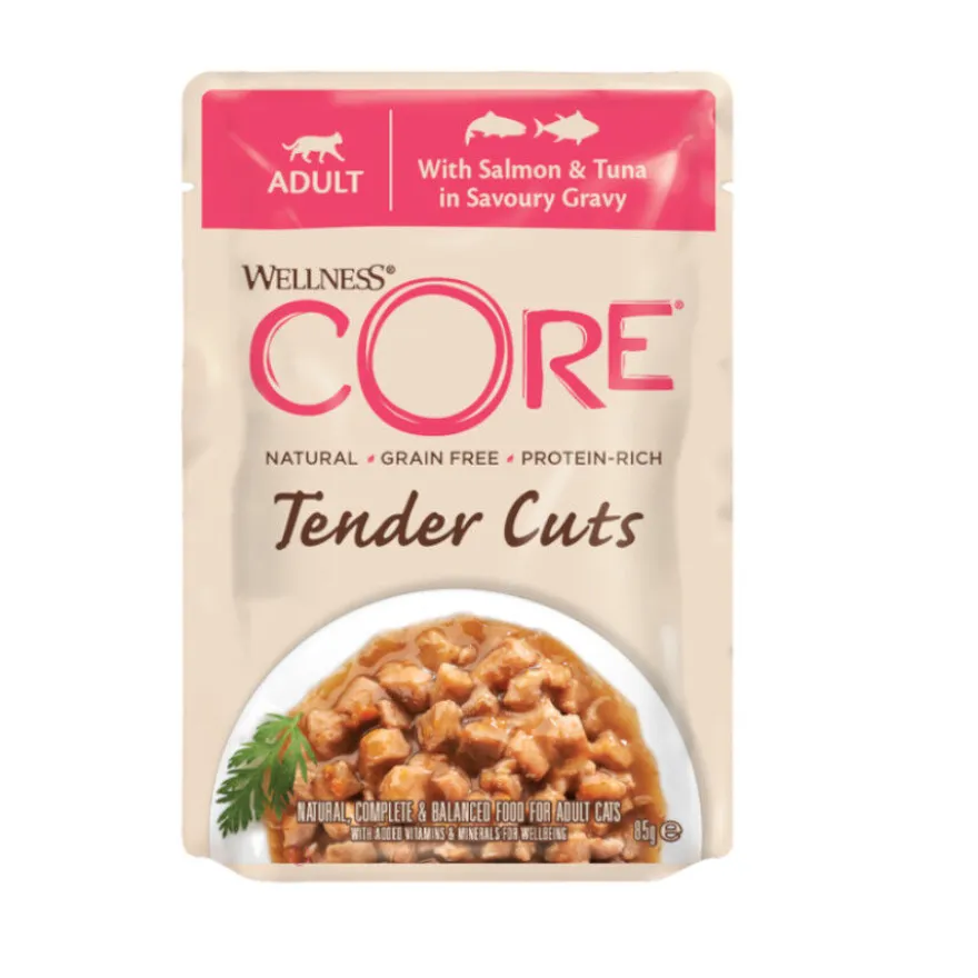 Wellness Core Tender Cuts salmão e atum em molho saquetas para gatos